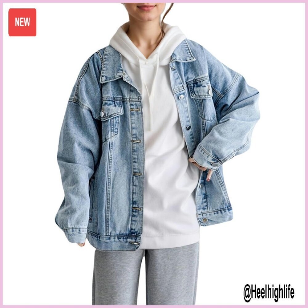 Oversized Denim Jacket Boyfriend Fit Long Sleeve Button Down Shacket